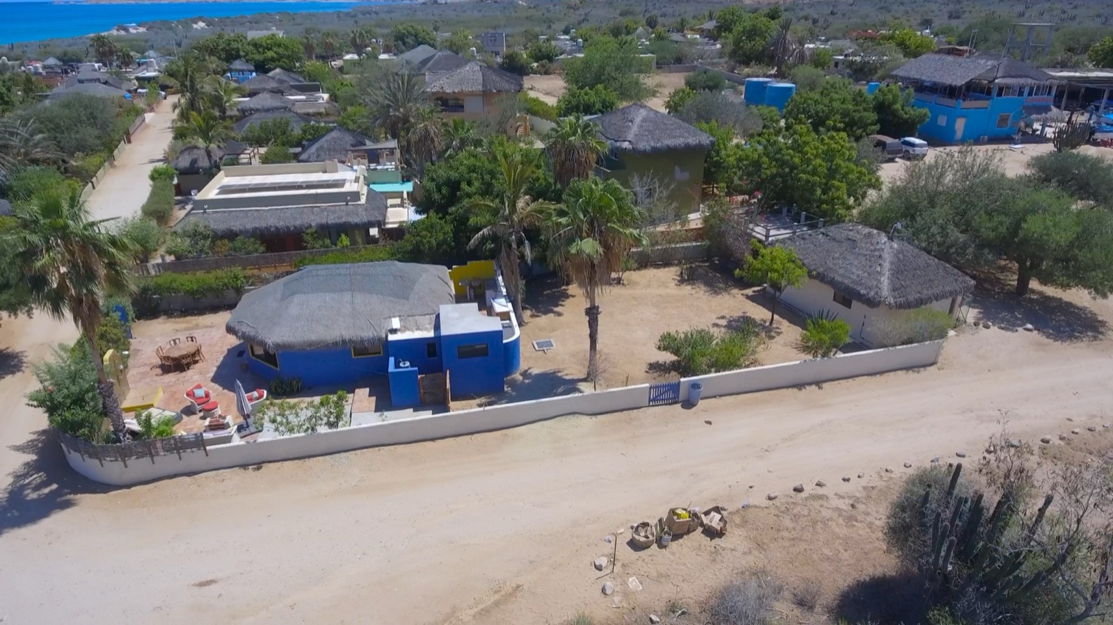 Casa Azul, the blue house, from the air at Cabo Pulmo